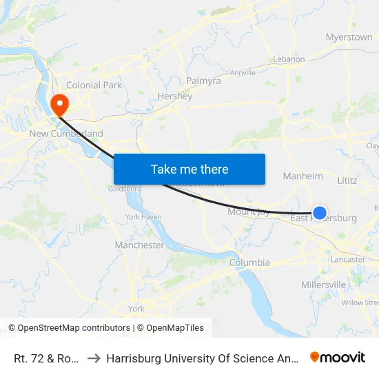 Rt. 72 & Root Rd. to Harrisburg University Of Science And Technology map