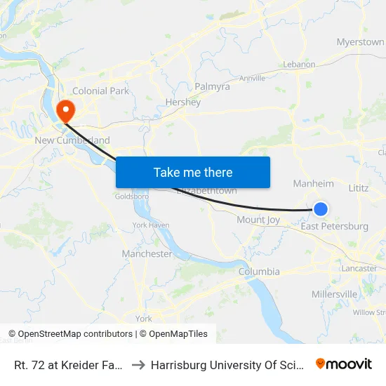 Rt. 72 at Kreider Farms Restaurant to Harrisburg University Of Science And Technology map