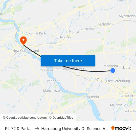 Rt. 72 & Park Hill Dr. to Harrisburg University Of Science And Technology map