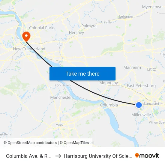 Columbia Ave. & Rohrerstown Rd. to Harrisburg University Of Science And Technology map