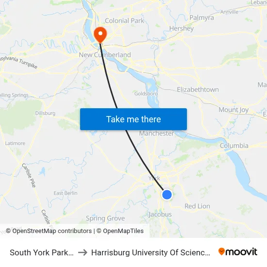 South York Park And Ride to Harrisburg University Of Science And Technology map