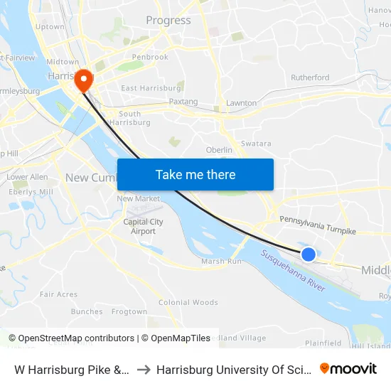 W Harrisburg Pike & White House Ln to Harrisburg University Of Science And Technology map