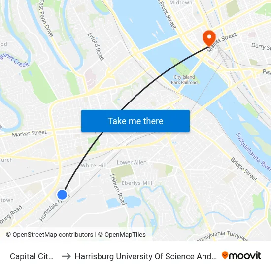 Capital City Mall to Harrisburg University Of Science And Technology map
