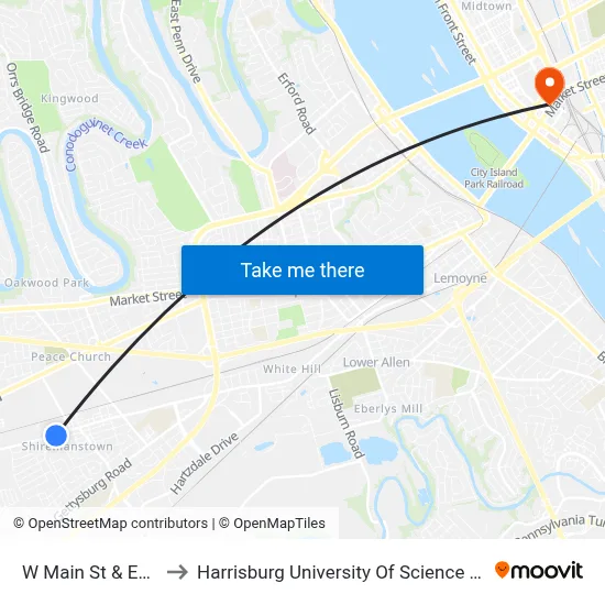W Main St & Eberly Ave to Harrisburg University Of Science And Technology map