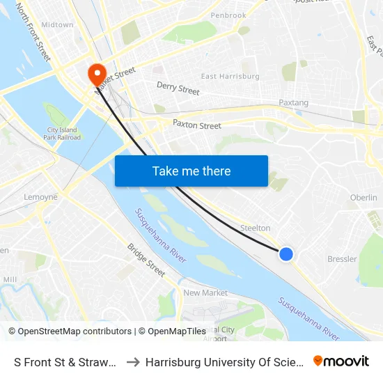 S Front St & Strawberry Alley Wb to Harrisburg University Of Science And Technology map