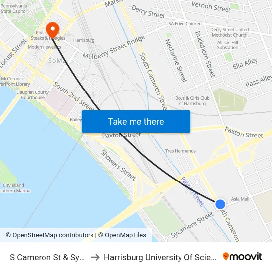 S Cameron St & Sycamore St Wb to Harrisburg University Of Science And Technology map