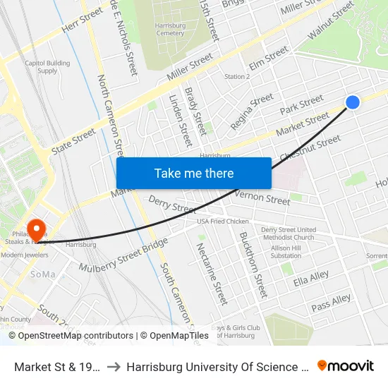 Market St & 19th St Wb to Harrisburg University Of Science And Technology map