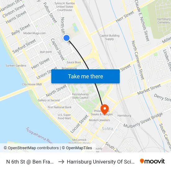 N 6th St @ Ben Franklin School Nb to Harrisburg University Of Science And Technology map