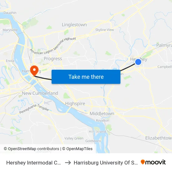 Hershey Intermodal Center (Highway Stop) to Harrisburg University Of Science And Technology map