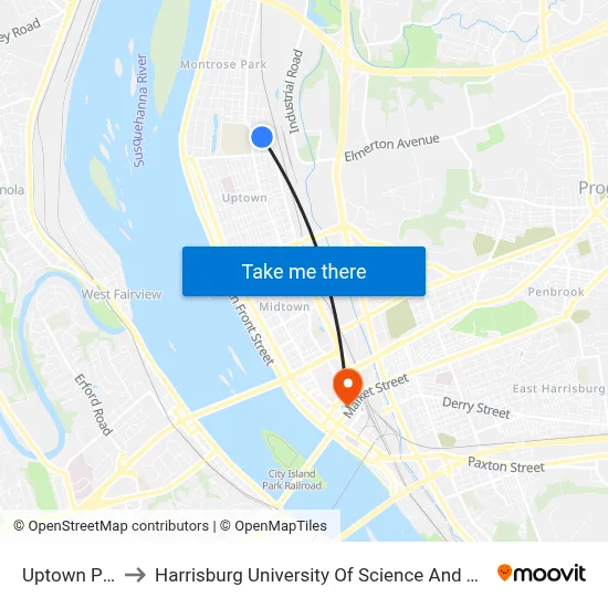 Uptown Plaza to Harrisburg University Of Science And Technology map