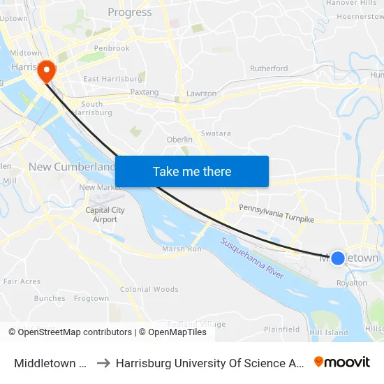 Middletown Amtrak to Harrisburg University Of Science And Technology map