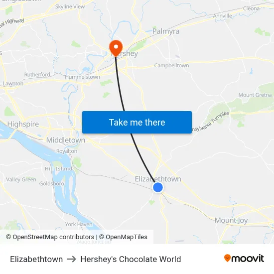 Elizabethtown to Hershey's Chocolate World map