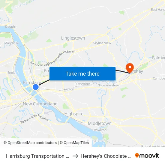 Harrisburg Transportation Center to Hershey's Chocolate World map
