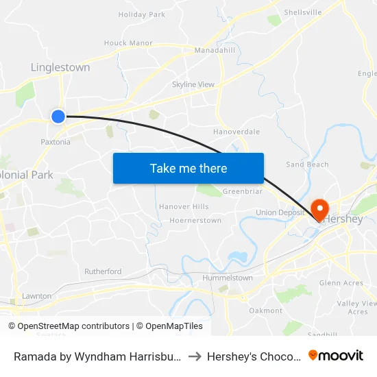 Ramada by Wyndham Harrisburg/Hershey Area to Hershey's Chocolate World map