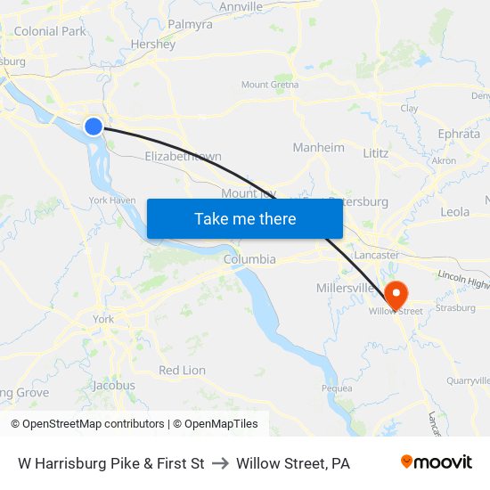 W Harrisburg Pike & First St to Willow Street, PA map