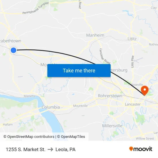 1255 S. Market St. to Leola, PA map