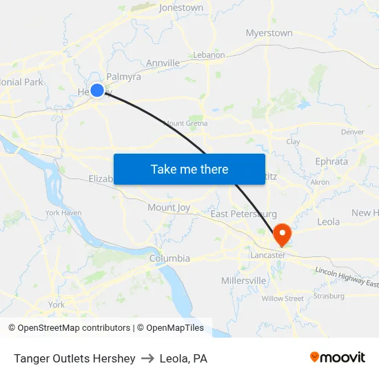Tanger Outlets Hershey to Leola, PA map