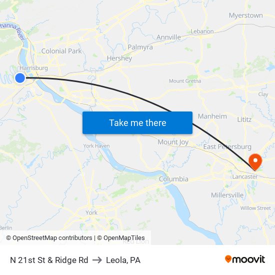 N 21st St & Ridge Rd to Leola, PA map