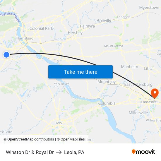 Winston Dr & Royal Dr to Leola, PA map