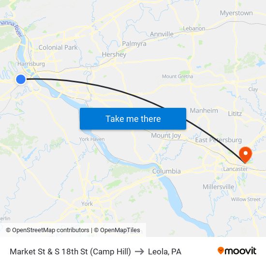 Market St & S 18th St (Camp Hill) to Leola, PA map