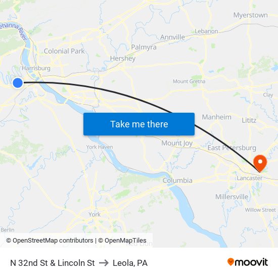 N 32nd St & Lincoln St to Leola, PA map