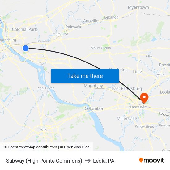 Subway (High Pointe Commons) to Leola, PA map