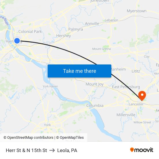 Herr St & N 15th St to Leola, PA map