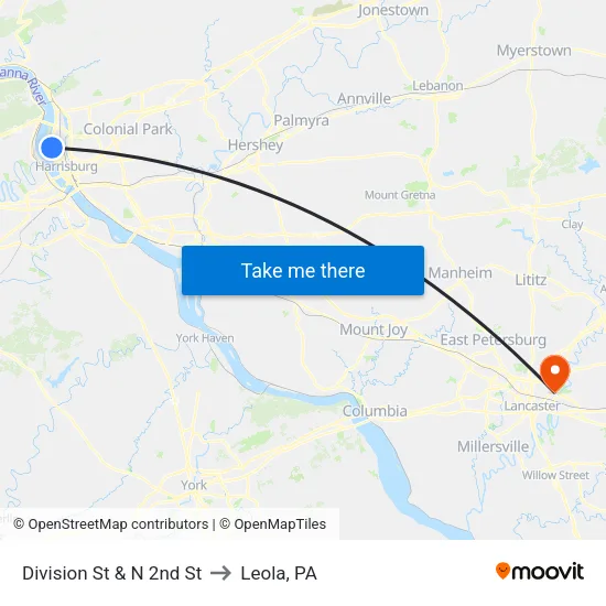 Division St & N 2nd St to Leola, PA map