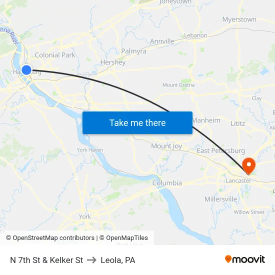 N 7th St & Kelker St to Leola, PA map