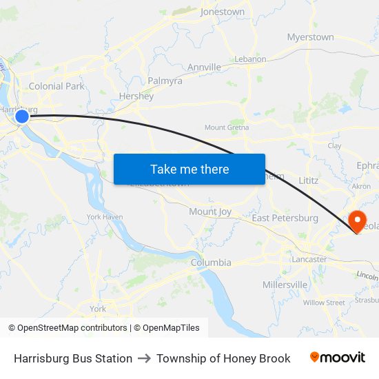 Harrisburg Bus Station to Township of Honey Brook map