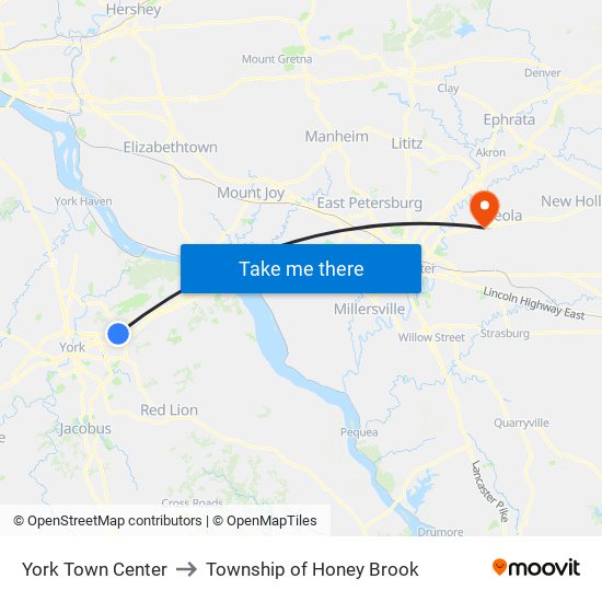 York Town Center to Township of Honey Brook map