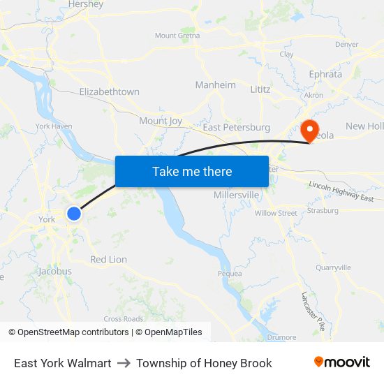 East York Walmart to Township of Honey Brook map