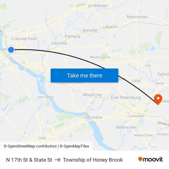 N 17th St & State St to Township of Honey Brook map