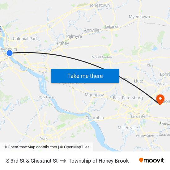 S 3rd St & Chestnut St to Township of Honey Brook map