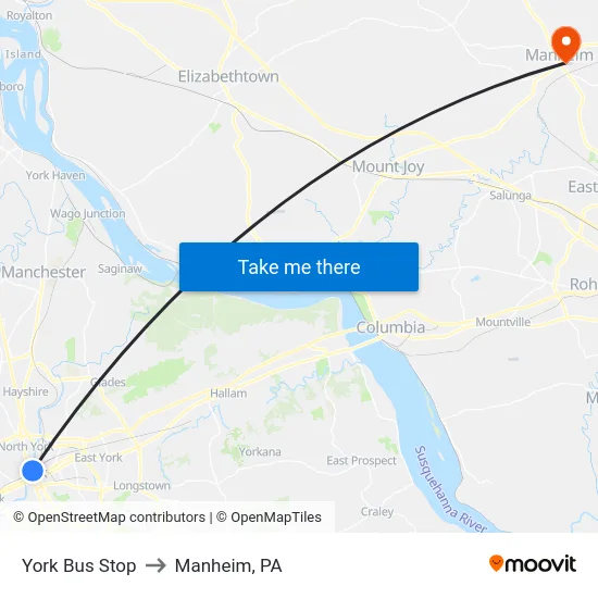 York Bus Stop to Manheim, PA map