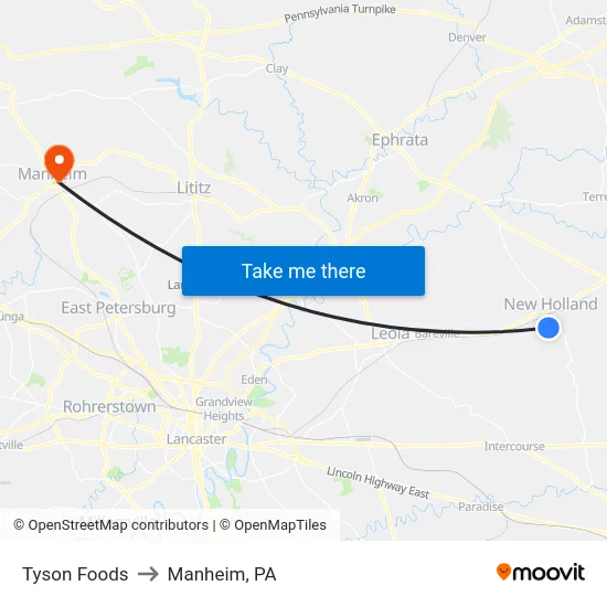 Tyson Foods to Manheim, PA map