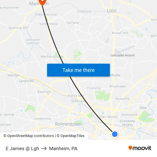 E James @ Lgh to Manheim, PA map