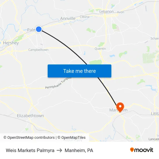 Weis Markets Palmyra to Manheim, PA map
