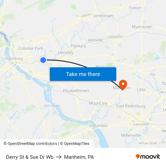 Derry St & Sue Dr Wb to Manheim, PA map