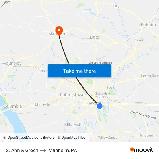 S. Ann & Green to Manheim, PA map