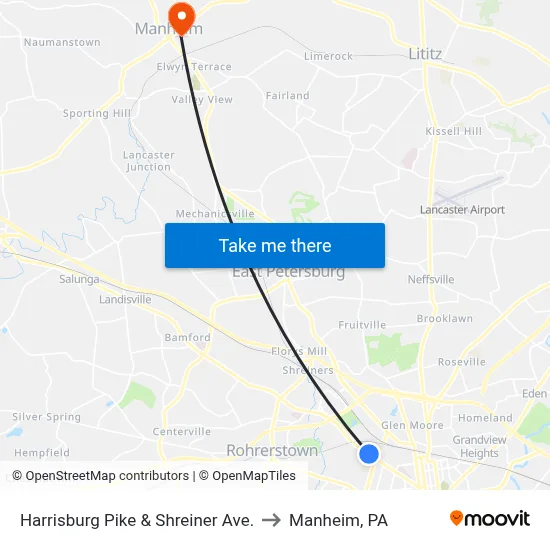 Harrisburg Pike & Shreiner Ave. to Manheim, PA map