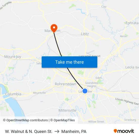 W. Walnut & N. Queen St. to Manheim, PA map