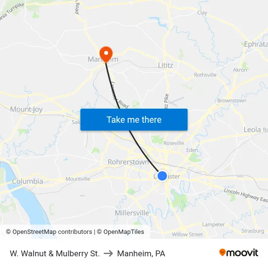 W. Walnut & Mulberry St. to Manheim, PA map