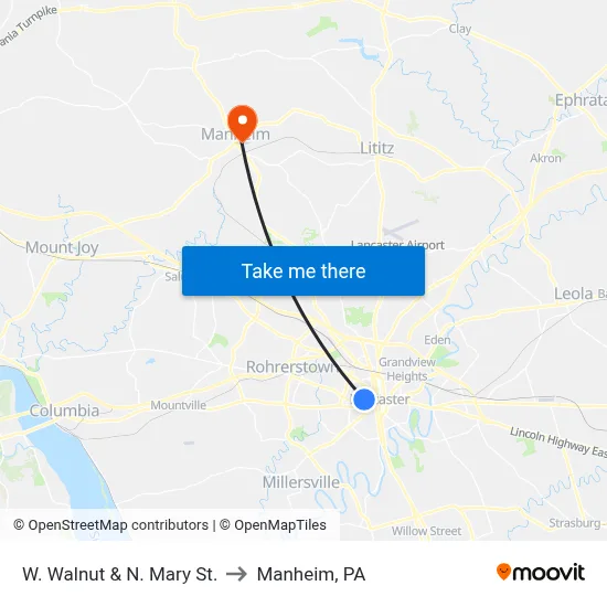 W. Walnut & N. Mary St. to Manheim, PA map