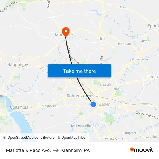 Marietta & Race Ave. to Manheim, PA map