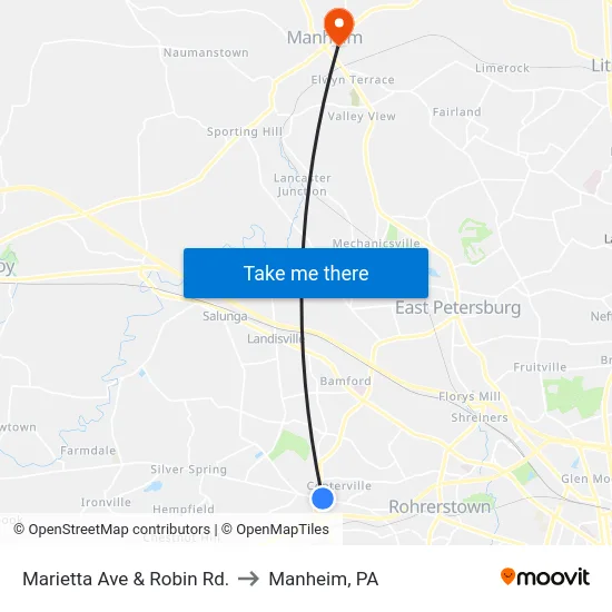 Marietta Ave & Robin Rd. to Manheim, PA map