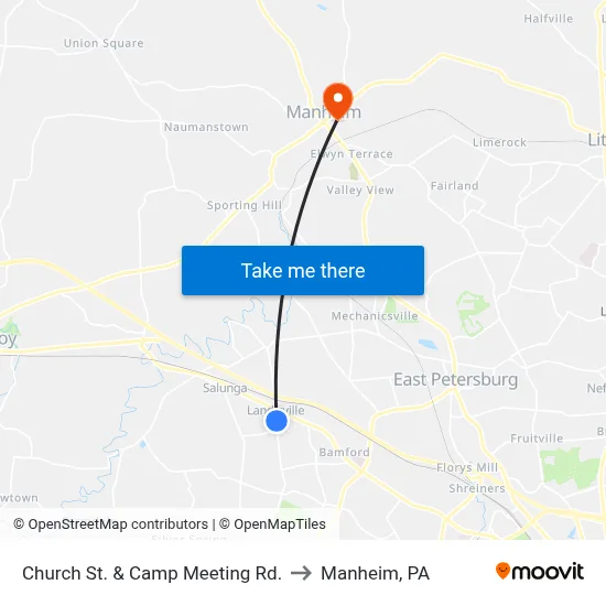 Church St. & Camp Meeting Rd. to Manheim, PA map