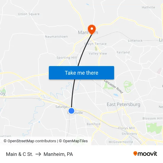 Main & C St. to Manheim, PA map