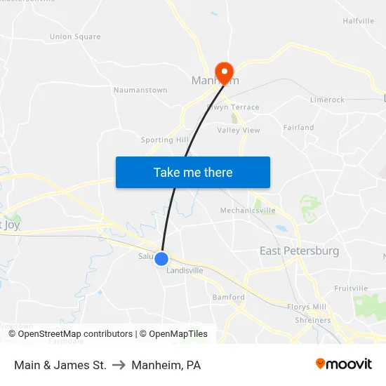 Main & James St. to Manheim, PA map