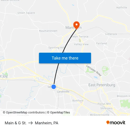 Main & G St. to Manheim, PA map